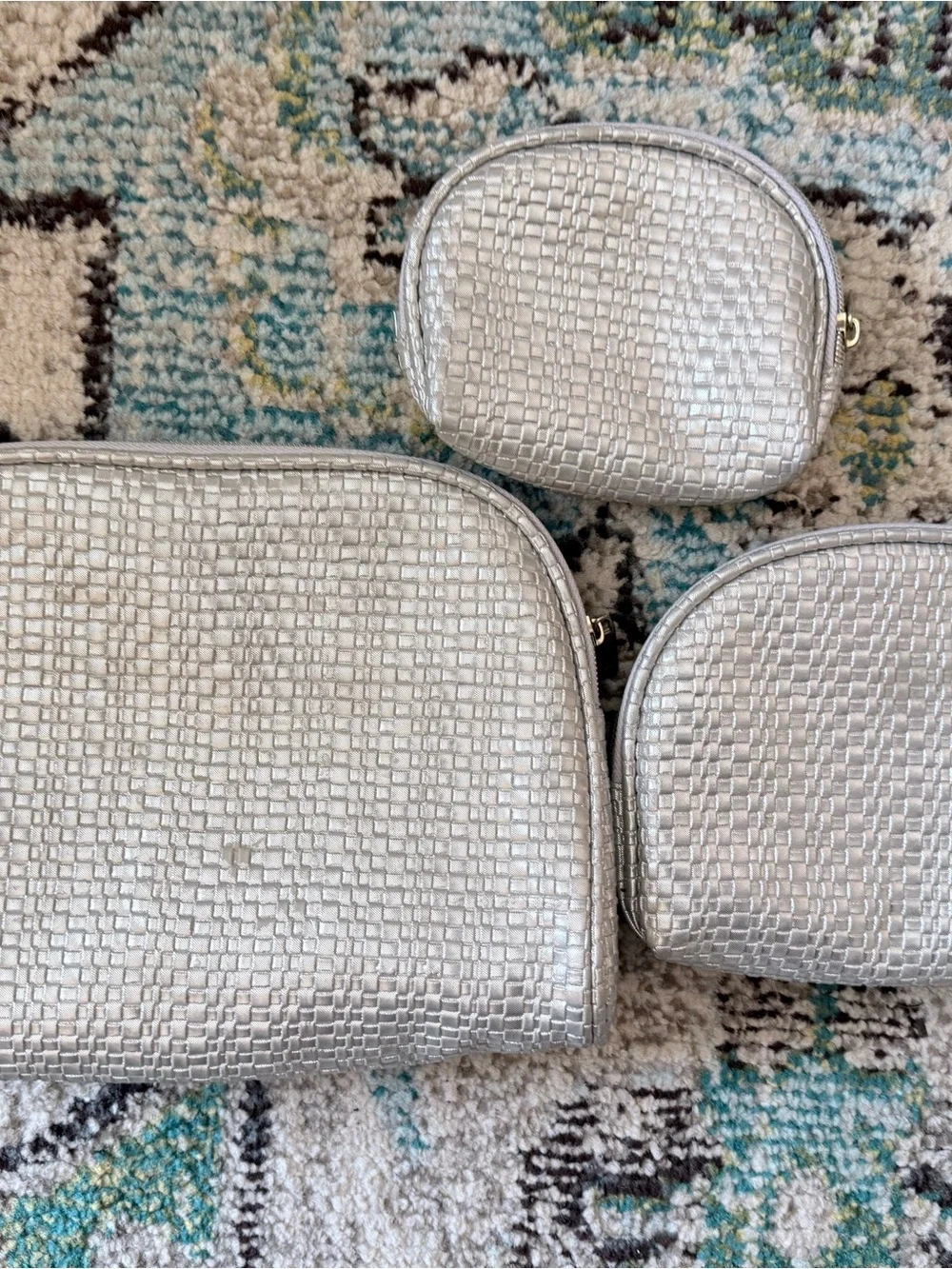 Silver Textured Cosmetic Pouch Set - 3 Piece